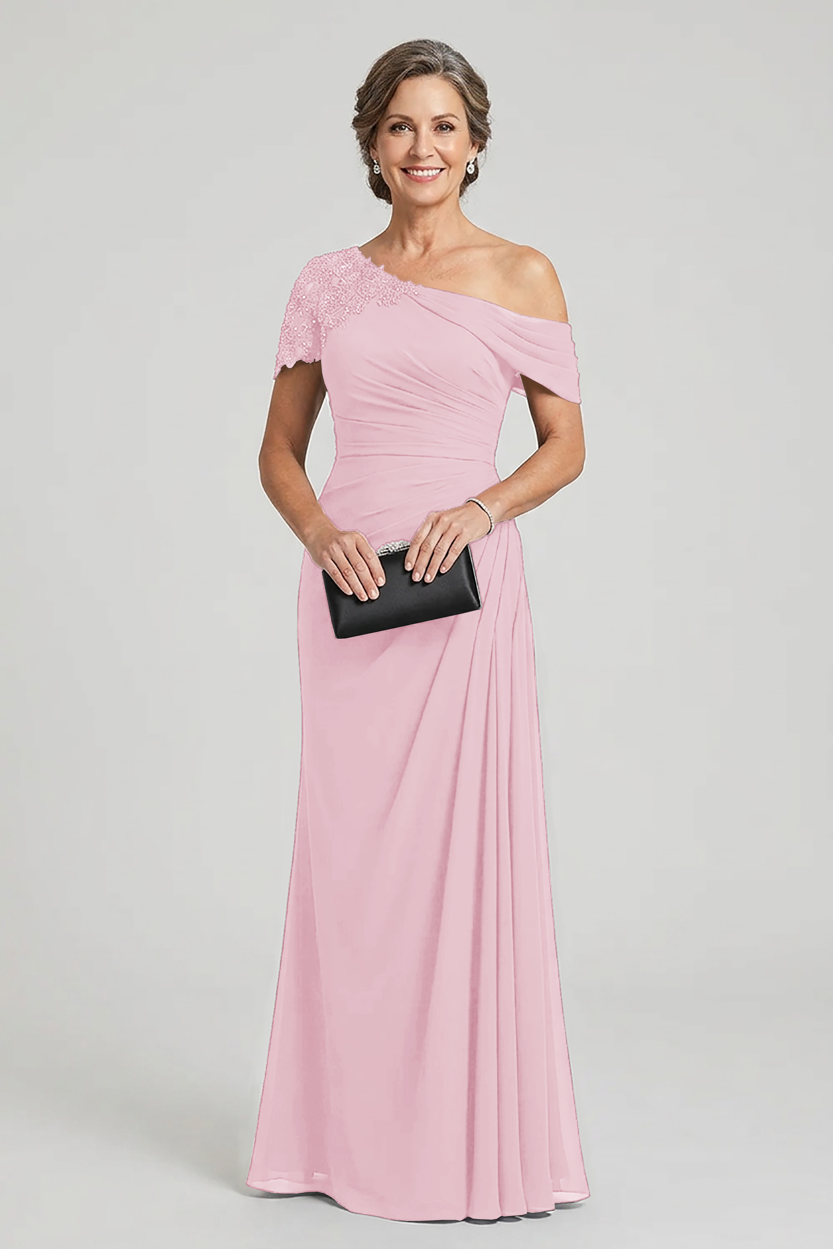 Black One-Shoulder Beaded Ruched Chiffon Mother Dresses