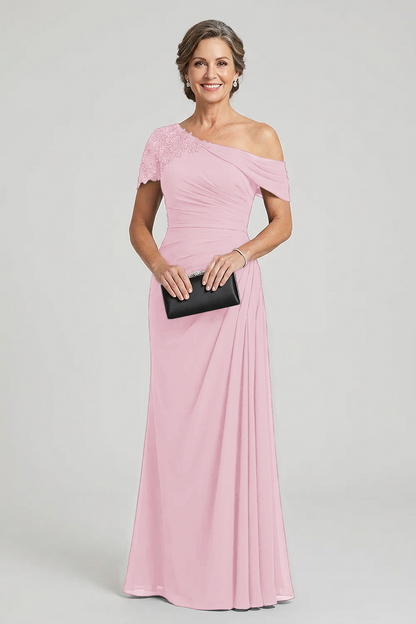 Black One-Shoulder Beaded Ruched Chiffon Mother Dresses