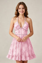Crystal Halter Neck Blush Pink Floral Chiffon Mini Homecoming Dresses