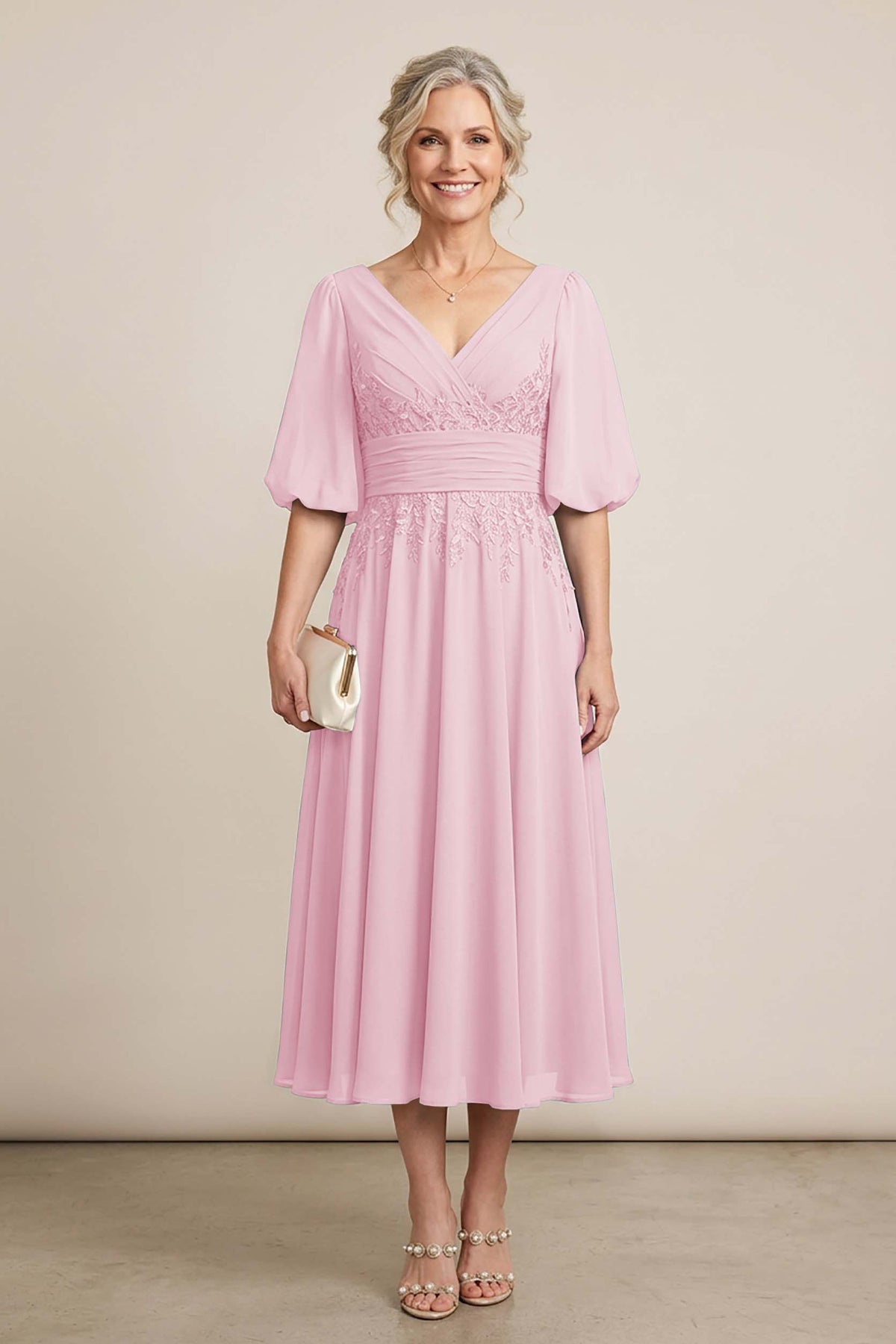 Dusty Blue V-Neck Lace Chiffon Tea-Length Mother Dresses