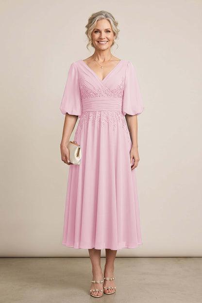 Dusty Blue V-Neck Lace Chiffon Tea-Length Mother Dresses