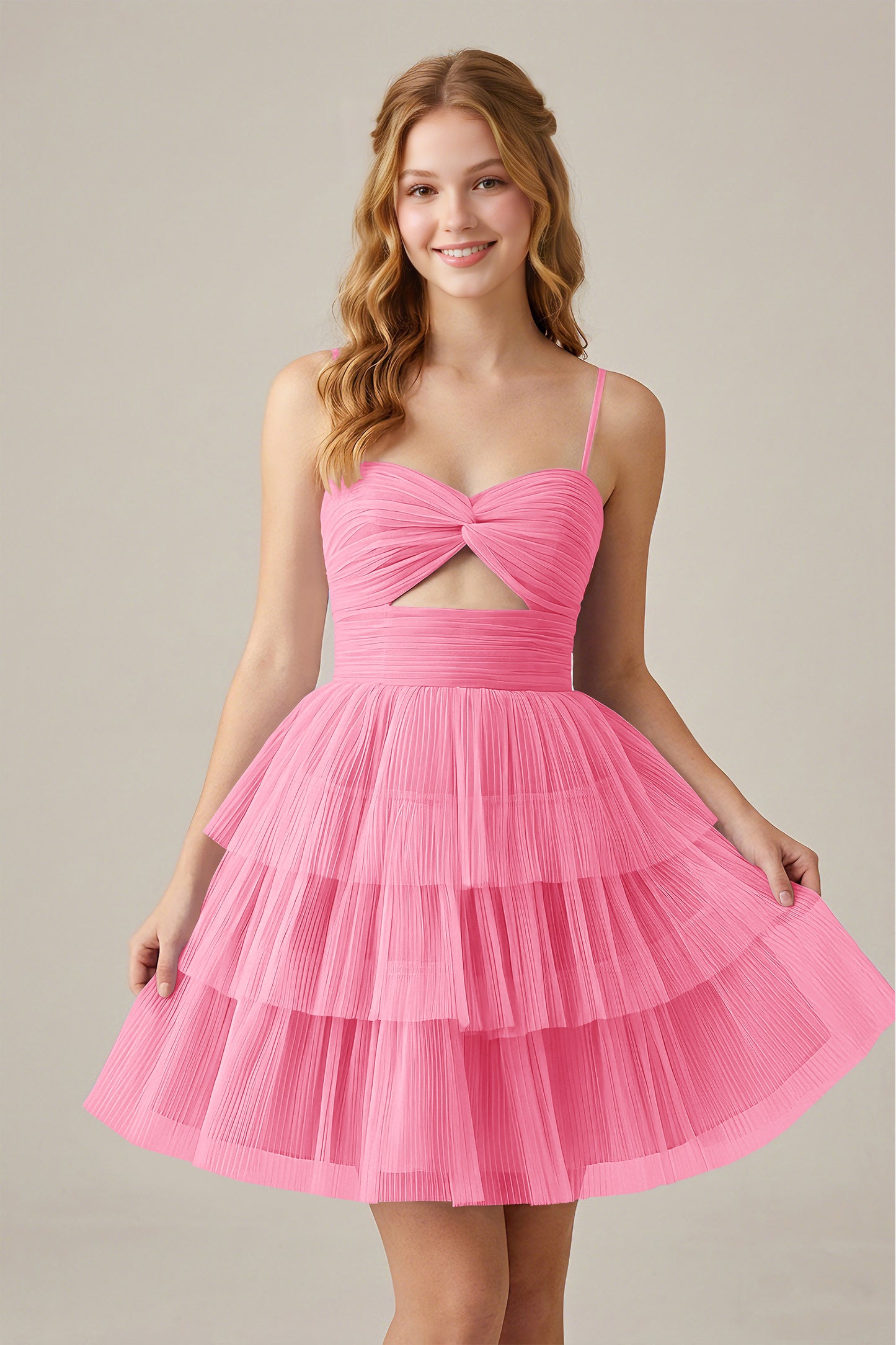 Olive Green Sleeveless Pleated Tulle Cutout Tiered Homecoming Dresses