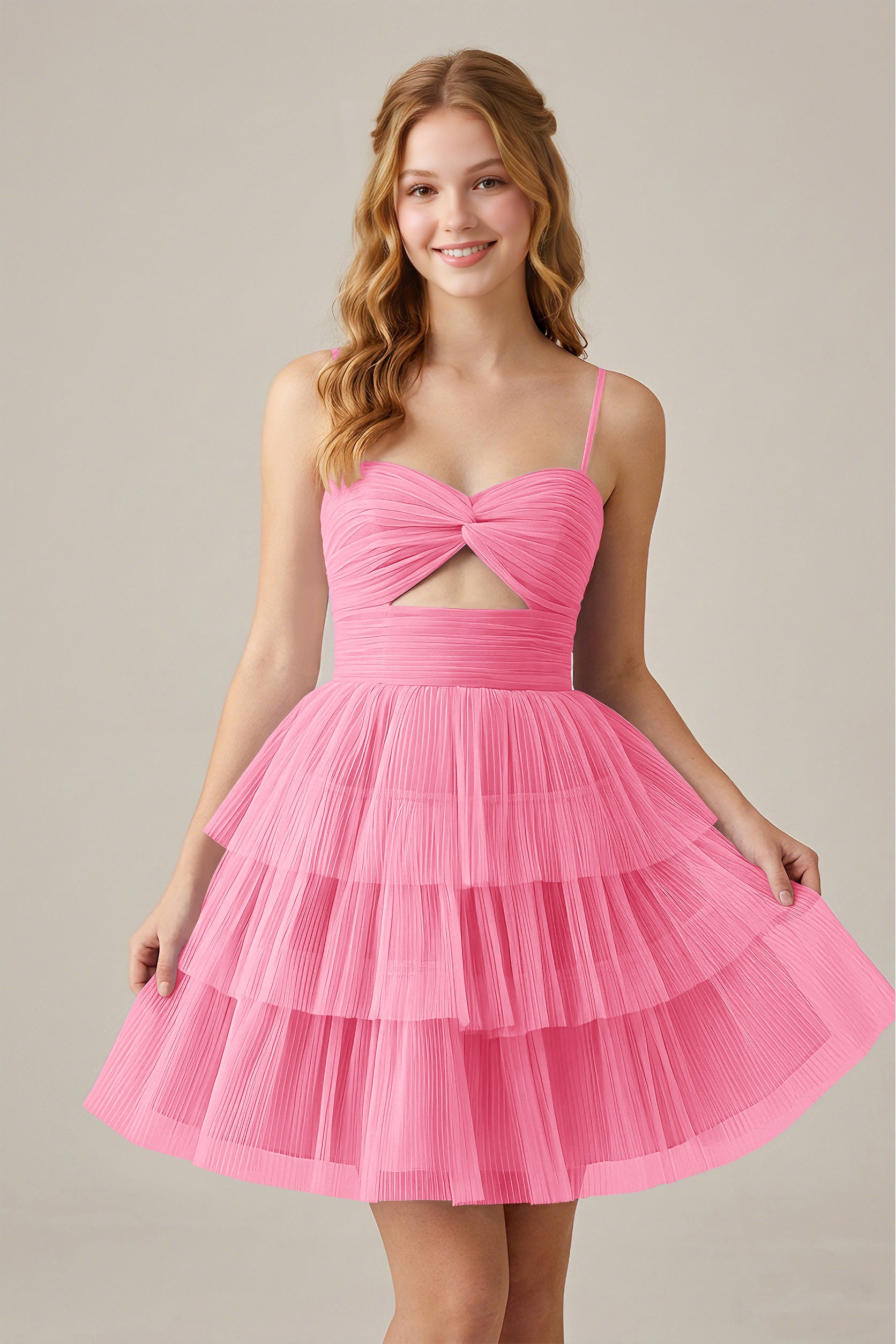 Olive Green Sleeveless Pleated Tulle Cutout Tiered Homecoming Dresses