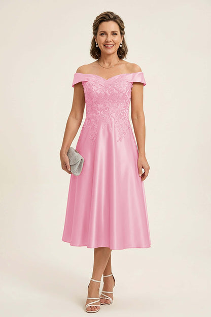 Peach Pink Off Shoulder Imitation Stretch Satin Tea-Length Mother Dresses