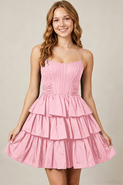 Spaghetti Straps Black Taffeta Tiered Mini Homecoming Dresses