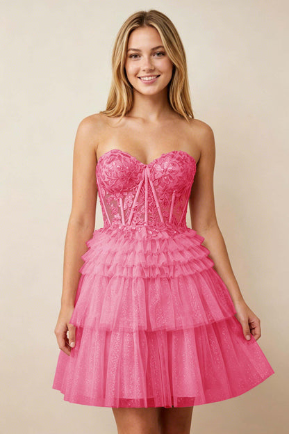 Strapless Misty Rose Lace Illusion Corset Glitter Tulle Homecoming Dresses
