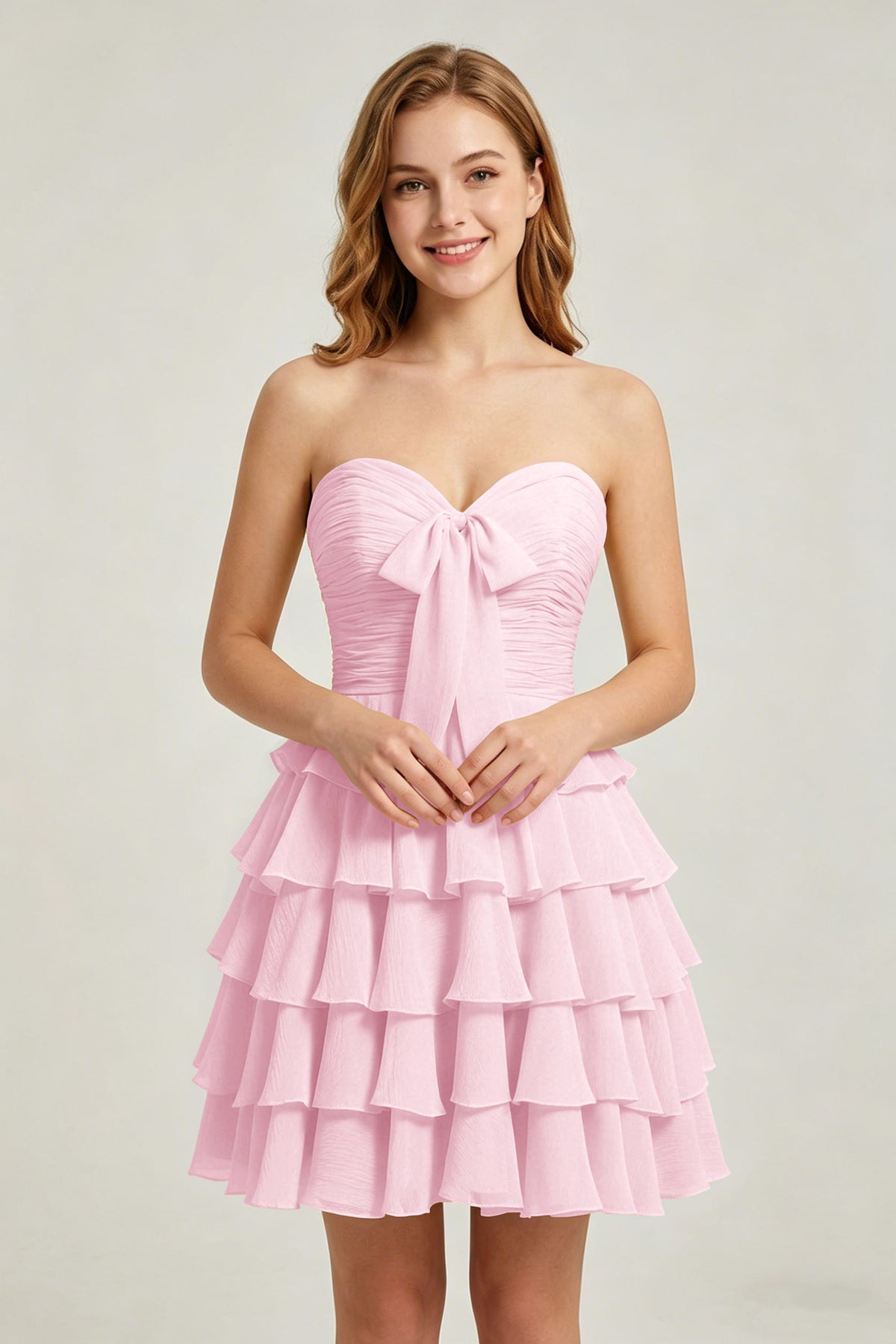 Strapless Yellow Chiffon Tiered Short Homecoming Dresses with Bow