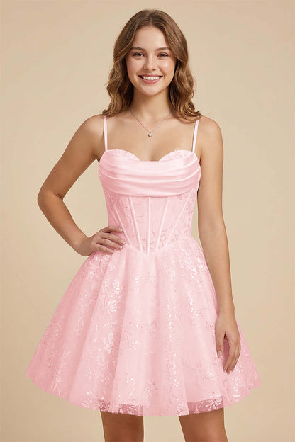 White Cowl Neck Sequin Satin Corset Homecoming Dresses