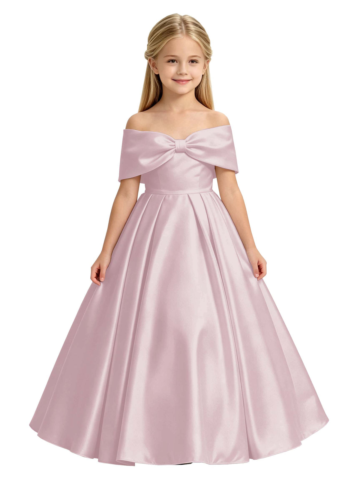Off-the-Shoulder Satin Ball Gown Flower Girl Dress with Big Back Bow