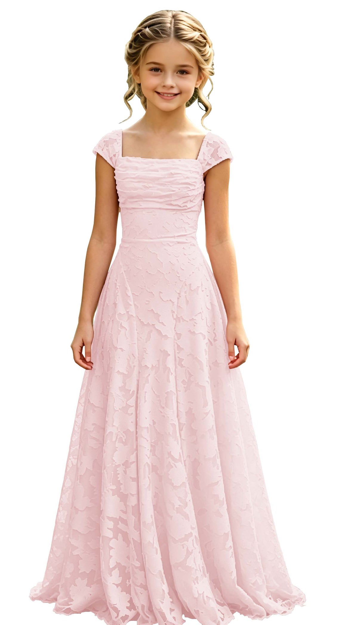 Elegance Blush Pink Lace Cap Sleeve A-Line Flower Girl Dress with Lace-Up Back