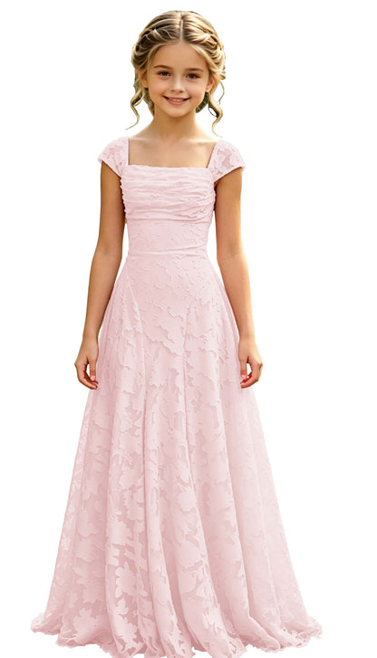 Elegance Blush Pink Lace Cap Sleeve A-Line Flower Girl Dress with Lace-Up Back