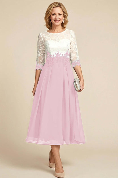 Navy Blue 3/4 Sleeve Two-Tone Lace Chiffon Mother Dresses