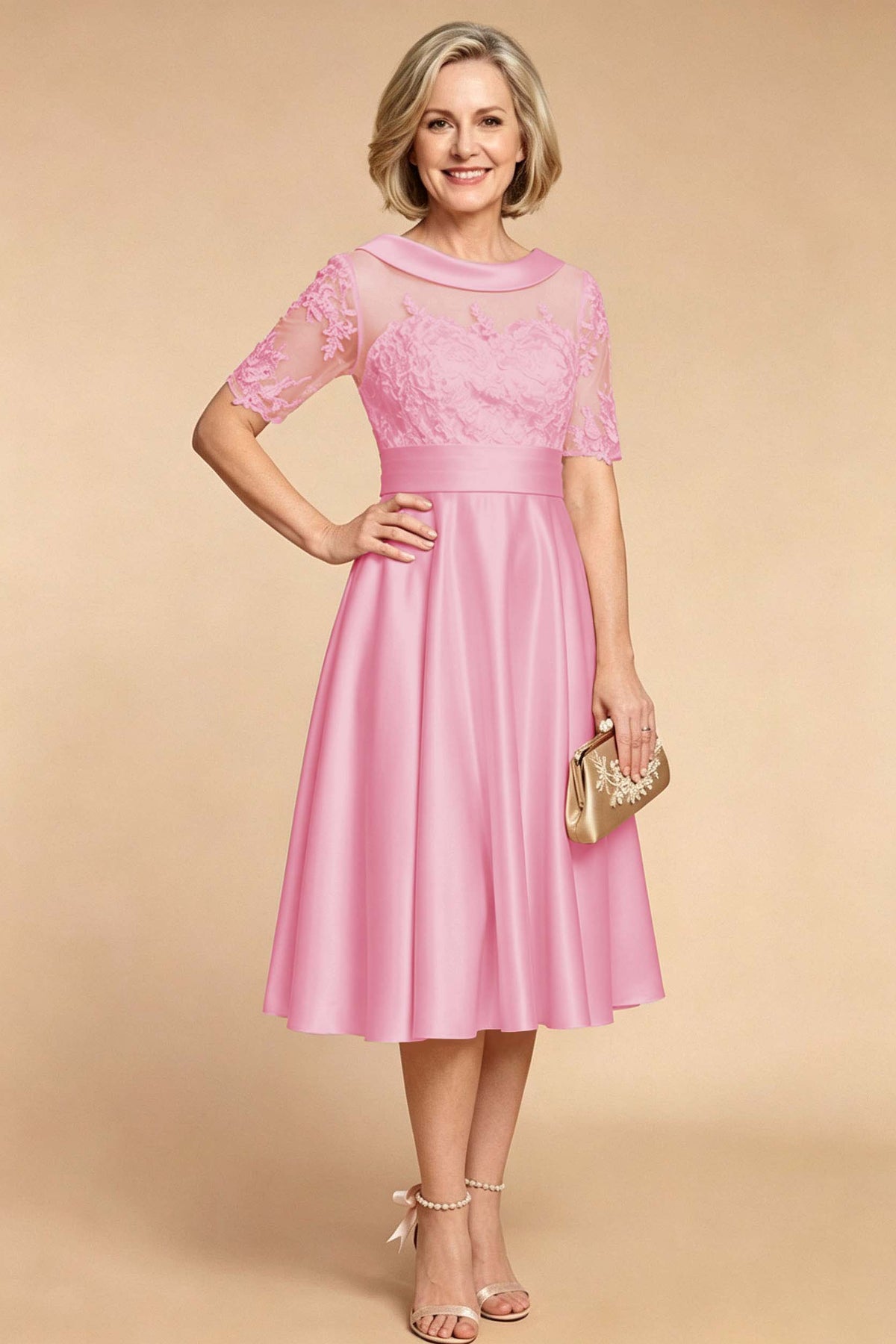 Champagne Imitation Stretch Satin Elbow Sleeve Tea-Length Mother Dresses