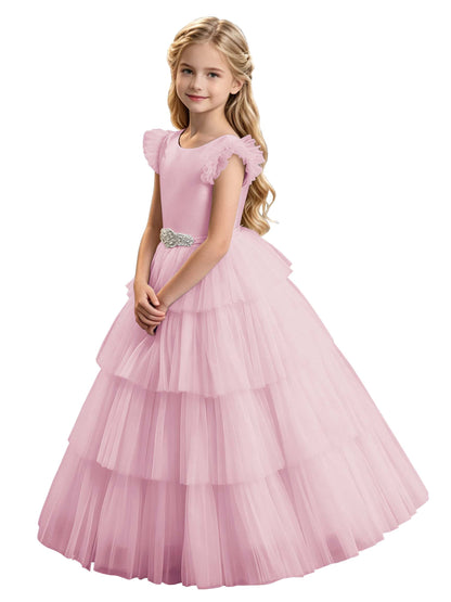 Sky Blue Tiered Tulle Flower Girl Dress with Rhinestone Belt & V-Back