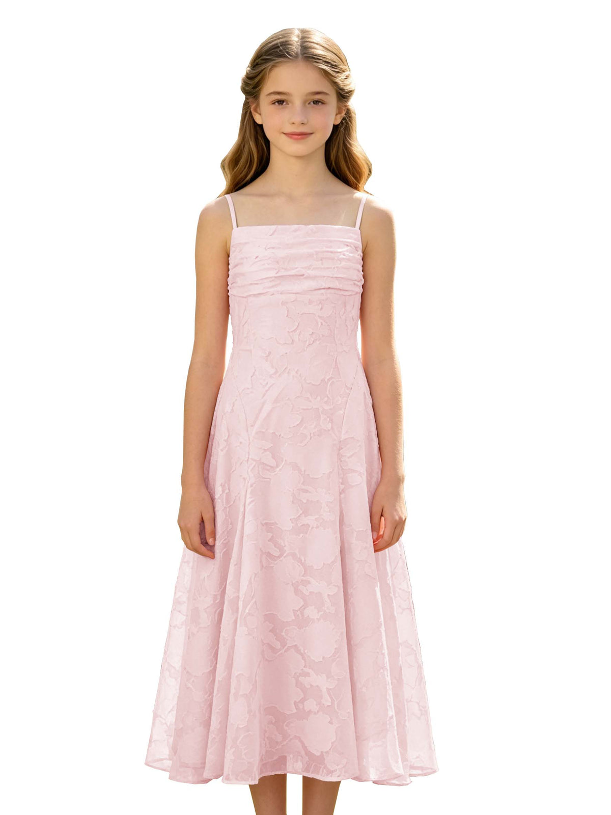 Elegant Pink Floral Jacquard A-Line Flower Girl Dress with Spaghetti Straps