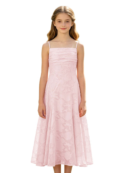 Elegant Pink Floral Jacquard A-Line Flower Girl Dress with Spaghetti Straps