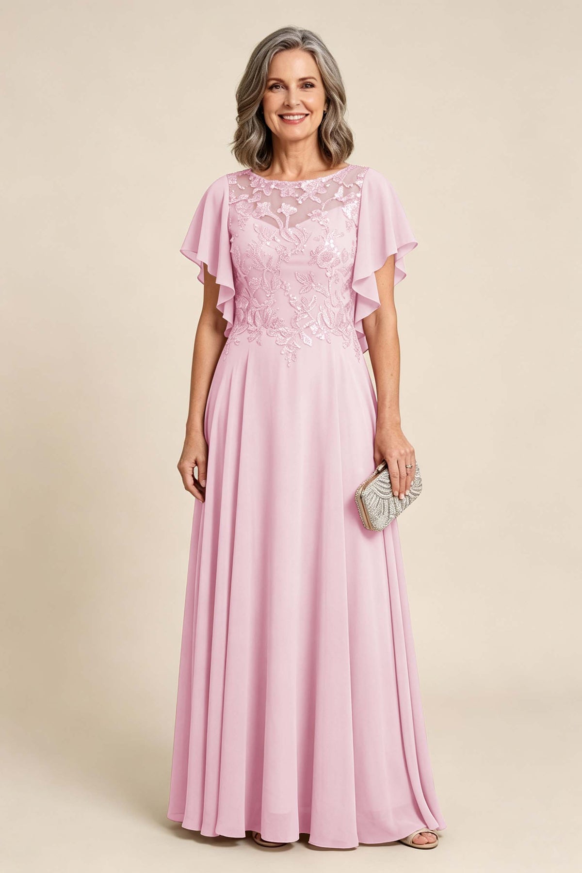 Lilac Scoop Neck Flutter Sleeve Lace Appliques Chiffon Mother Dresses