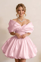 Ivory Off-the-Shoulder Bubble Hem Satin Homecoming Dresses