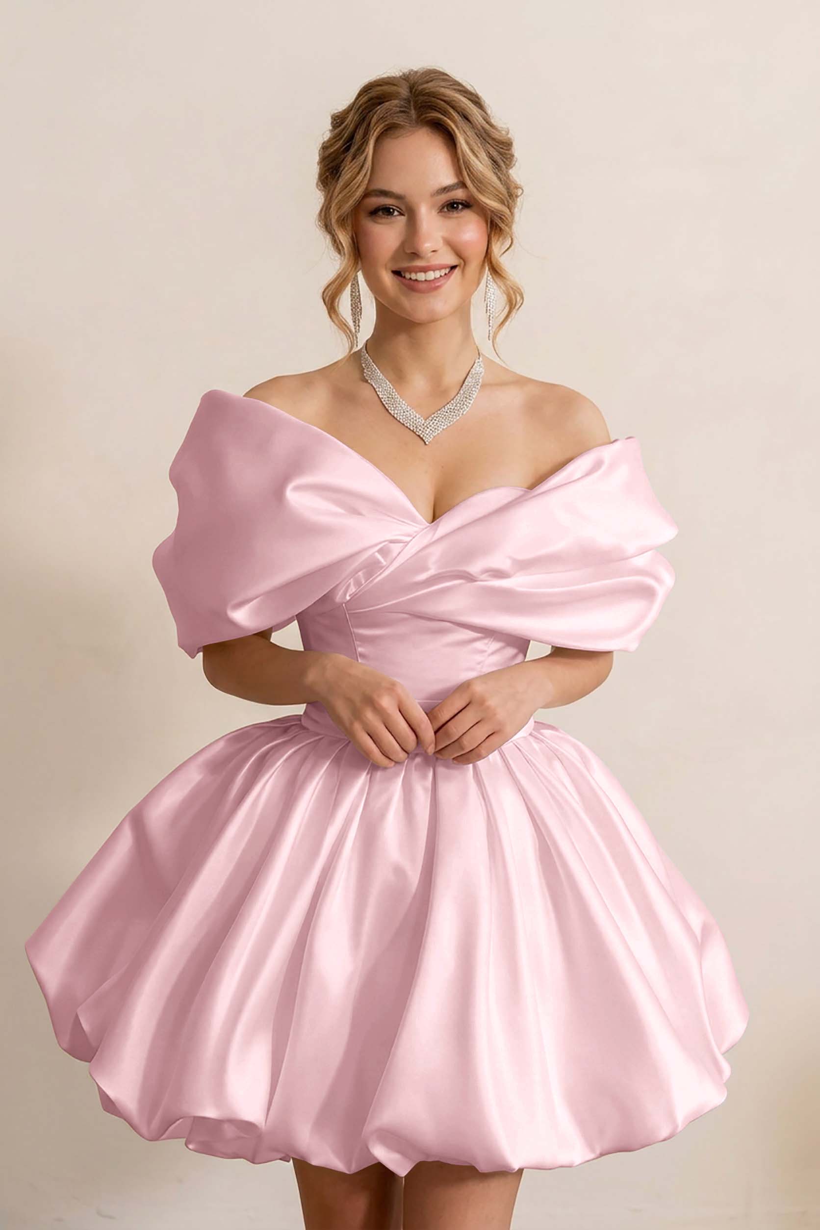 Ivory Off-the-Shoulder Bubble Hem Satin Homecoming Dresses