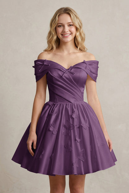 A Line Off Shoulder Ivory Satin Short Homecoming Dresses