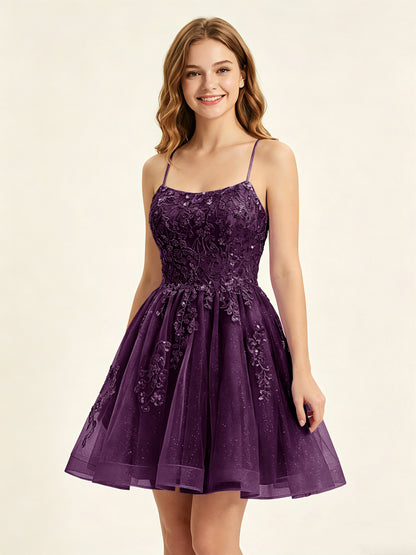 A Line Sequins Lilac Tulle Homecoming Dresses with Appliques