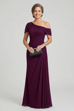 Black One-Shoulder Beaded Ruched Chiffon Mother Dresses