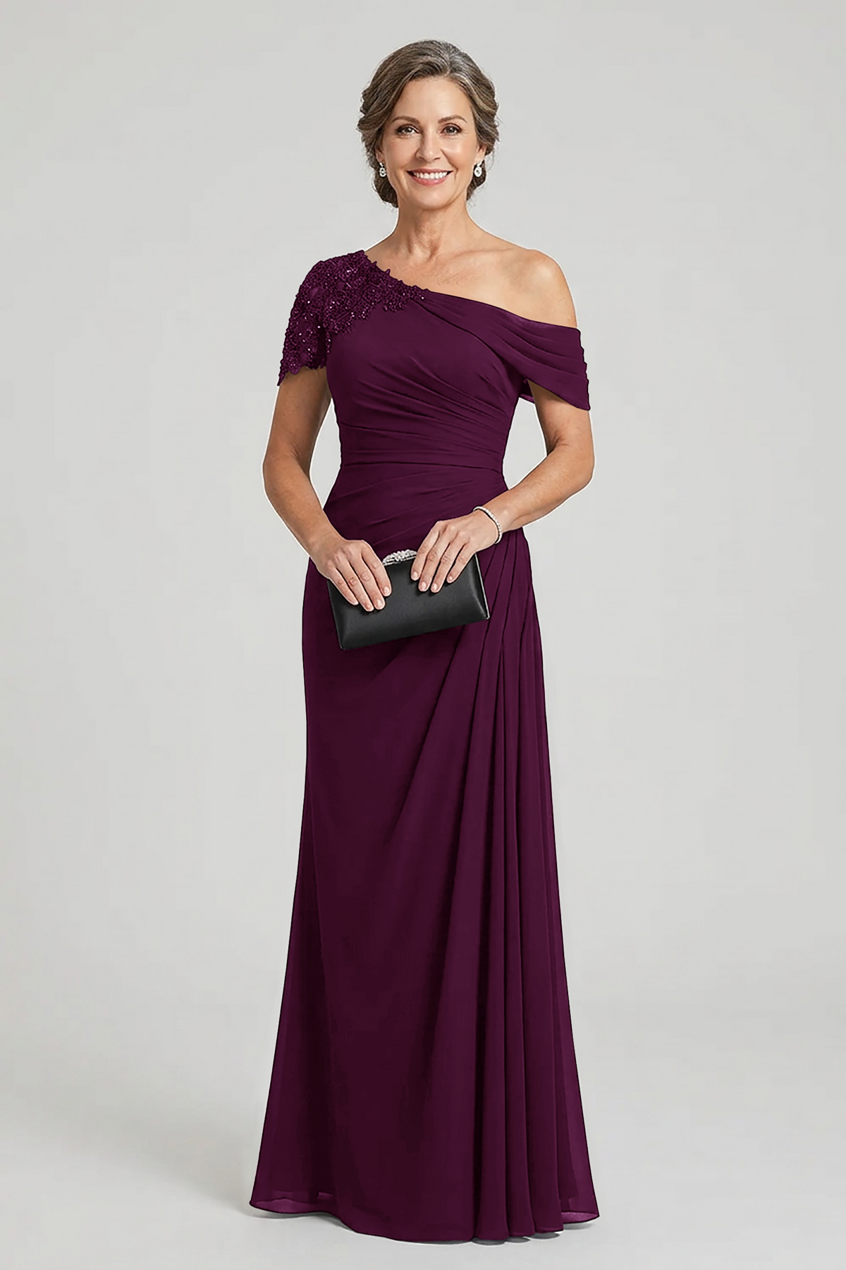 Black One-Shoulder Beaded Ruched Chiffon Mother Dresses