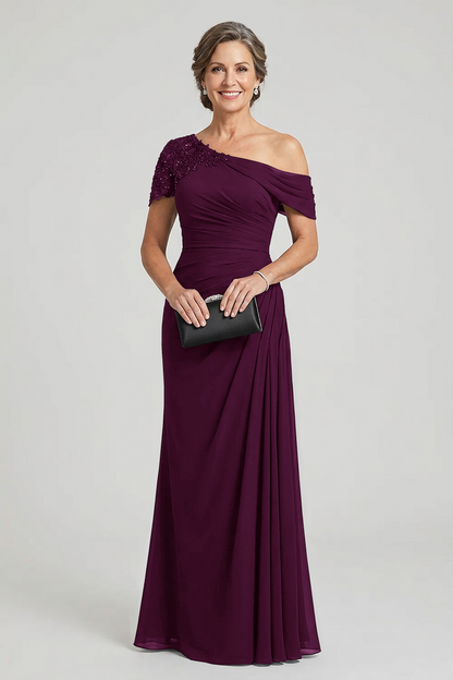 Black One-Shoulder Beaded Ruched Chiffon Mother Dresses