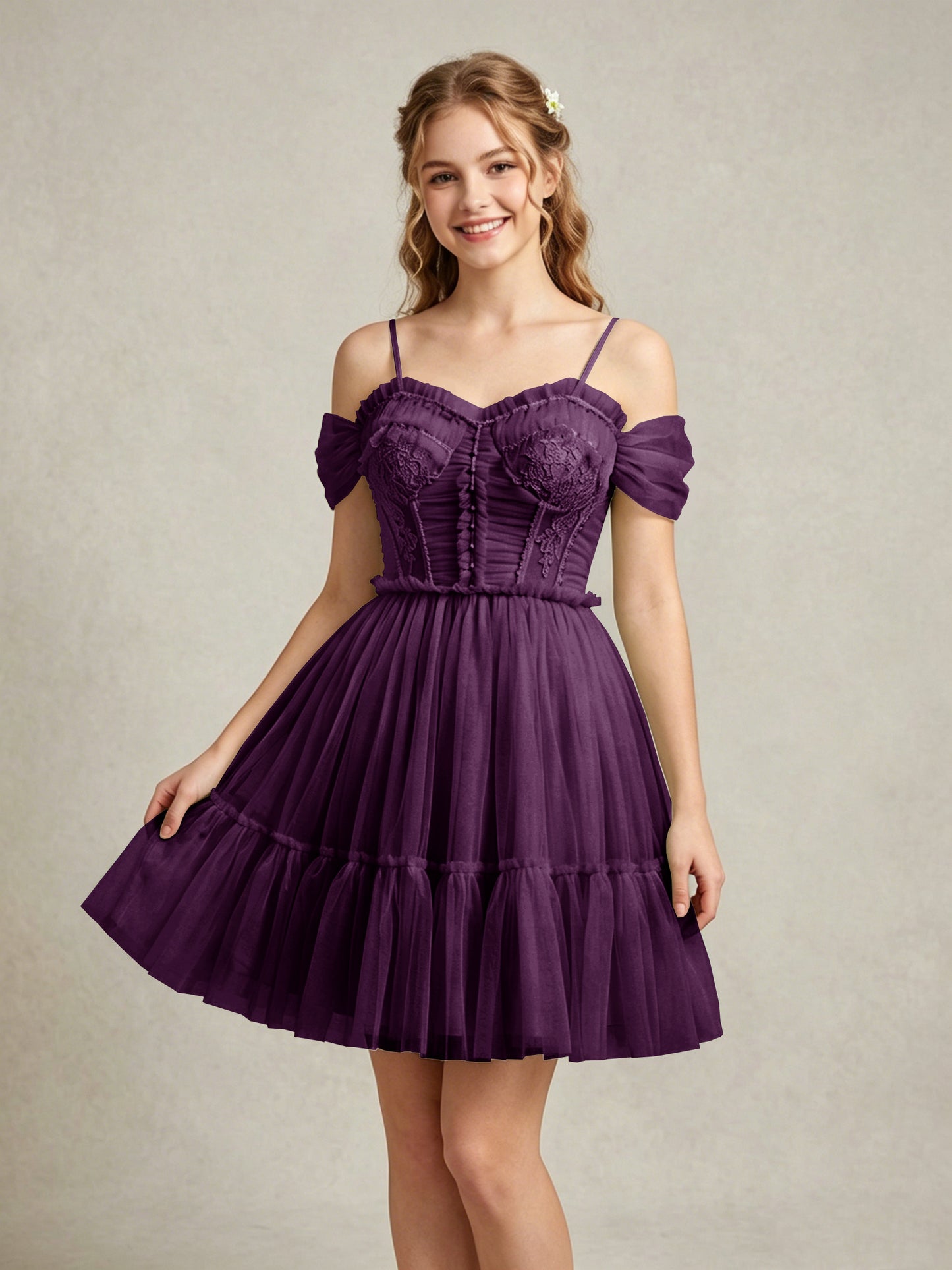 Cold Shoulder Lilac Tulle Dresses with Corset Bodice and Lace Appliques