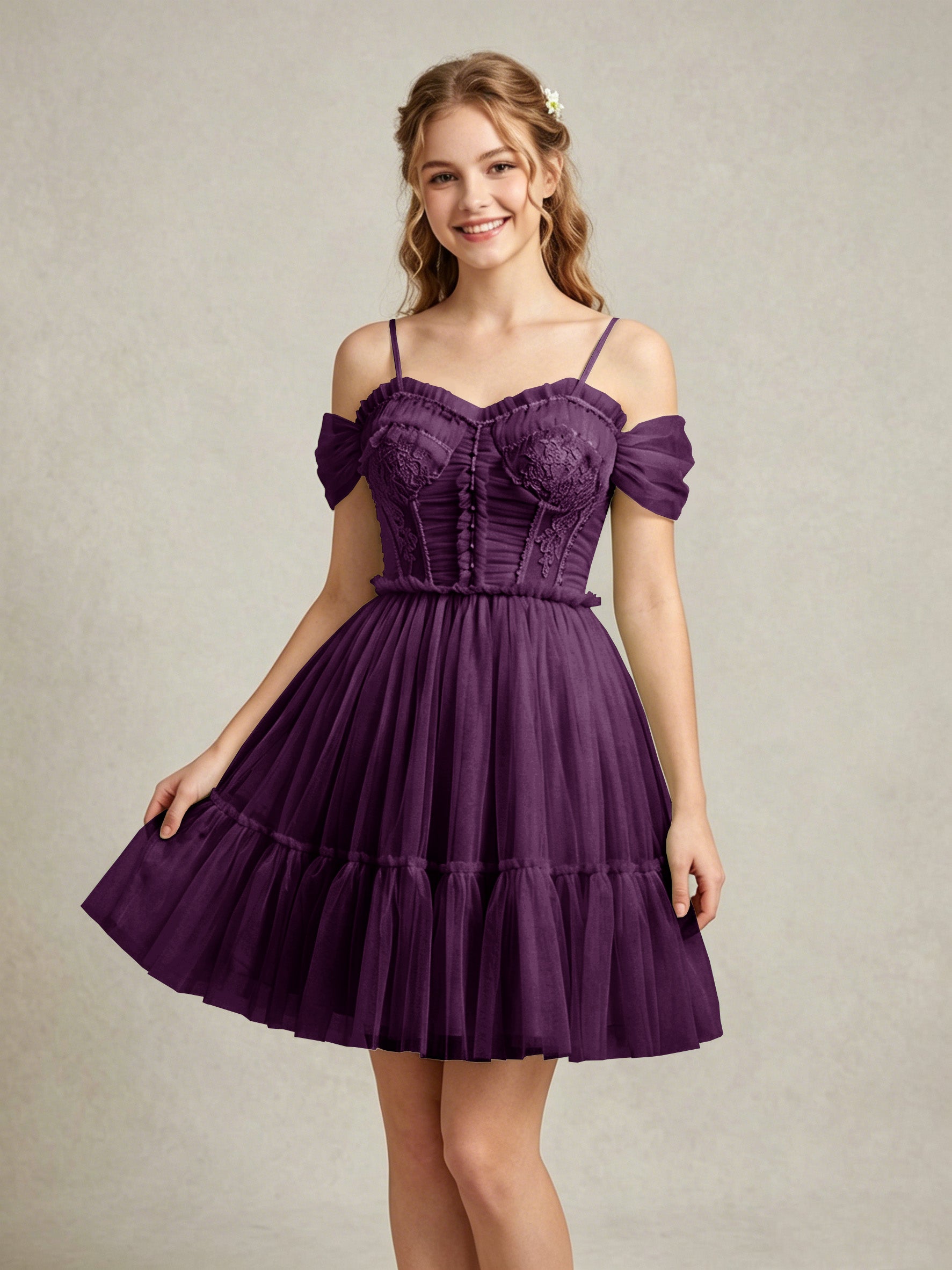 Cold Shoulder Lilac Tulle Dresses with Corset Bodice and Lace Appliques