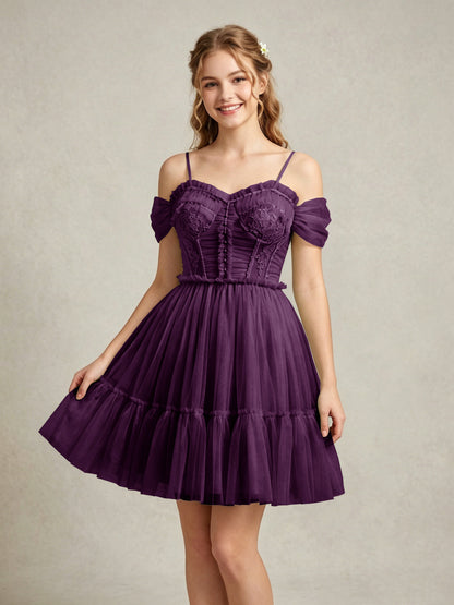 Cold Shoulder Lilac Tulle Dresses with Corset Bodice and Lace Appliques