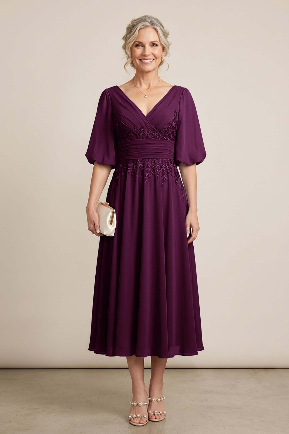 Dusty Blue V-Neck Lace Chiffon Tea-Length Mother Dresses