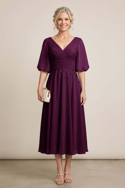 Dusty Blue V-Neck Lace Chiffon Tea-Length Mother Dresses