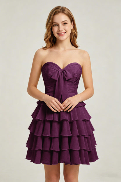 Strapless Yellow Chiffon Tiered Short Homecoming Dresses with Bow