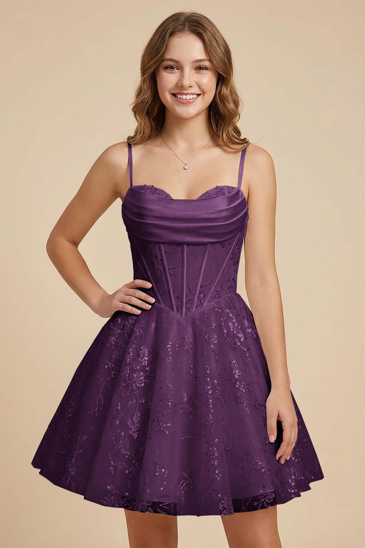 White Cowl Neck Sequin Satin Corset Homecoming Dresses