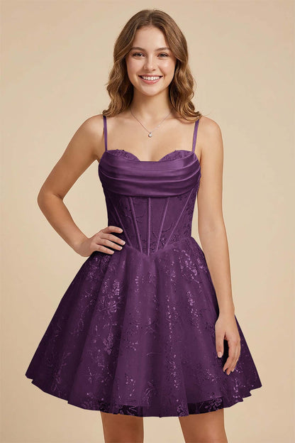 White Cowl Neck Sequin Satin Corset Homecoming Dresses