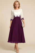 Navy Blue 3/4 Sleeve Two-Tone Lace Chiffon Mother Dresses