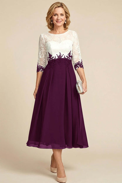 Navy Blue 3/4 Sleeve Two-Tone Lace Chiffon Mother Dresses