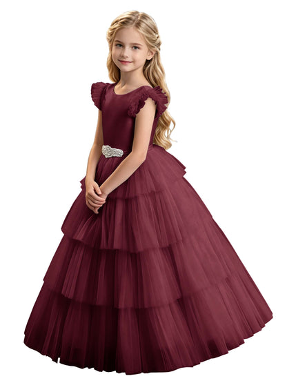 Sky Blue Tiered Tulle Flower Girl Dress with Rhinestone Belt & V-Back
