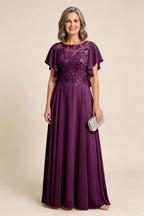 Lilac Scoop Neck Flutter Sleeve Lace Appliques Chiffon Mother Dresses