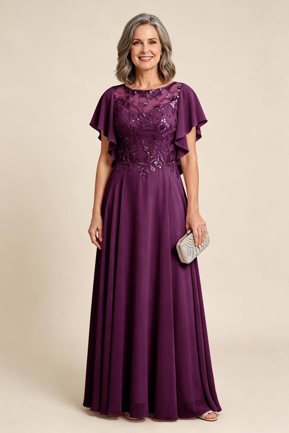 Lilac Scoop Neck Flutter Sleeve Lace Appliques Chiffon Mother Dresses