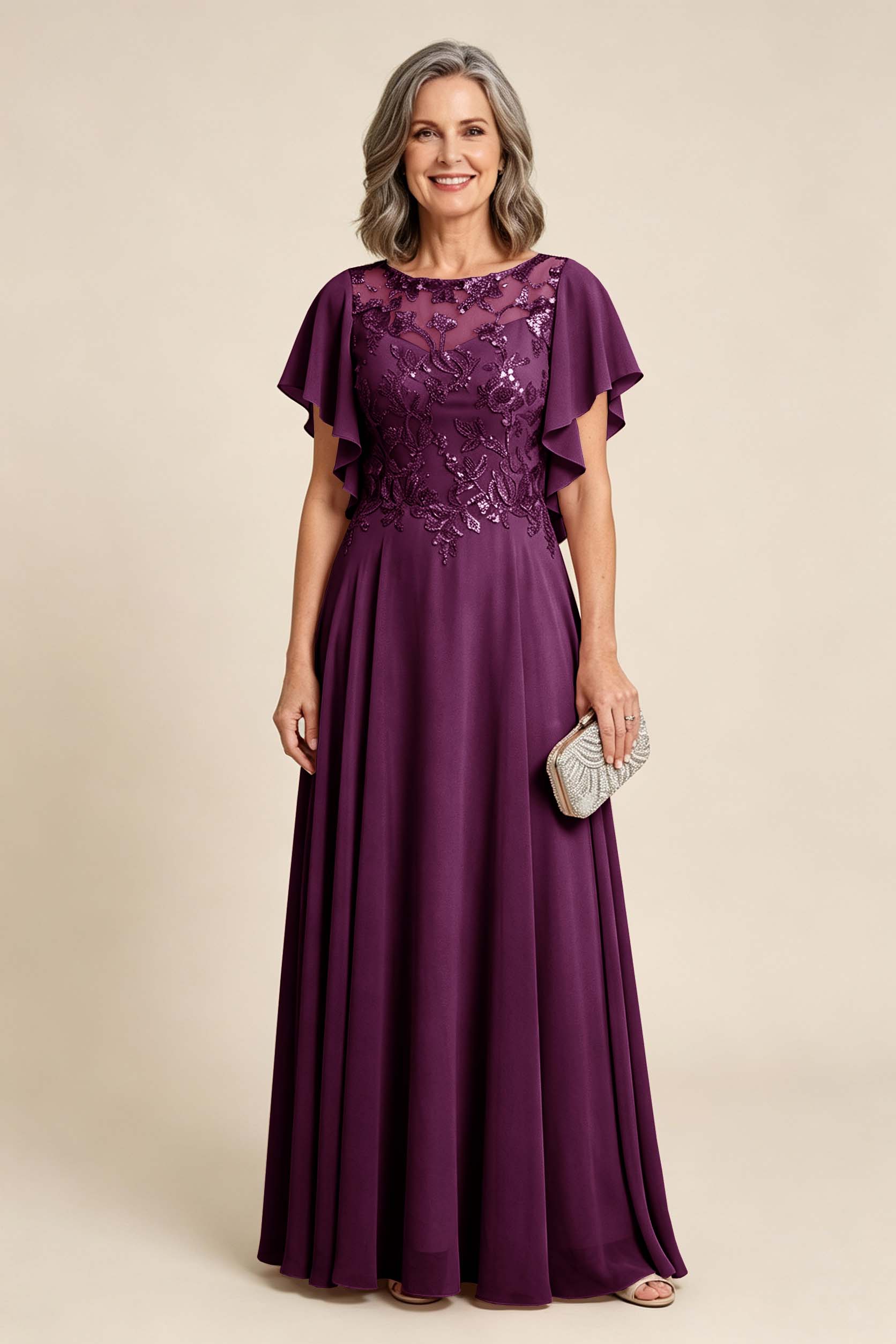 Lilac Scoop Neck Flutter Sleeve Lace Appliques Chiffon Mother Dresses