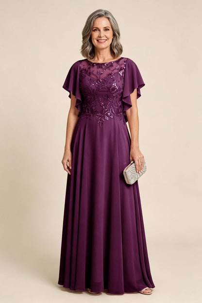 Lilac Scoop Neck Flutter Sleeve Lace Appliques Chiffon Mother Dresses