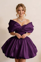 Ivory Off-the-Shoulder Bubble Hem Satin Homecoming Dresses
