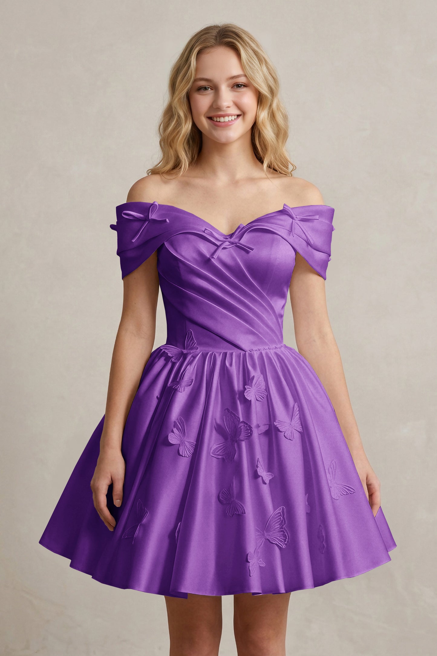 A Line Off Shoulder Ivory Satin Short Homecoming Dresses