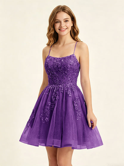 A Line Sequins Lilac Tulle Homecoming Dresses with Appliques