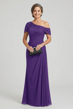 Black One-Shoulder Beaded Ruched Chiffon Mother Dresses