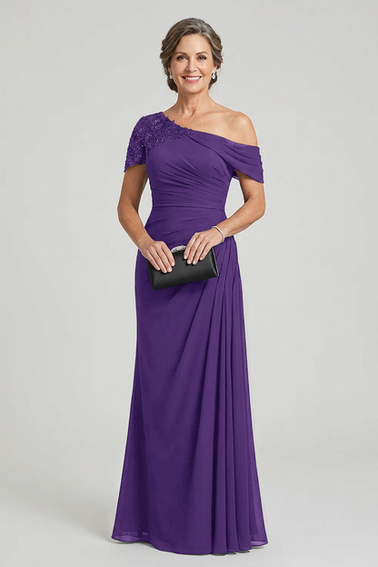 Black One-Shoulder Beaded Ruched Chiffon Mother Dresses