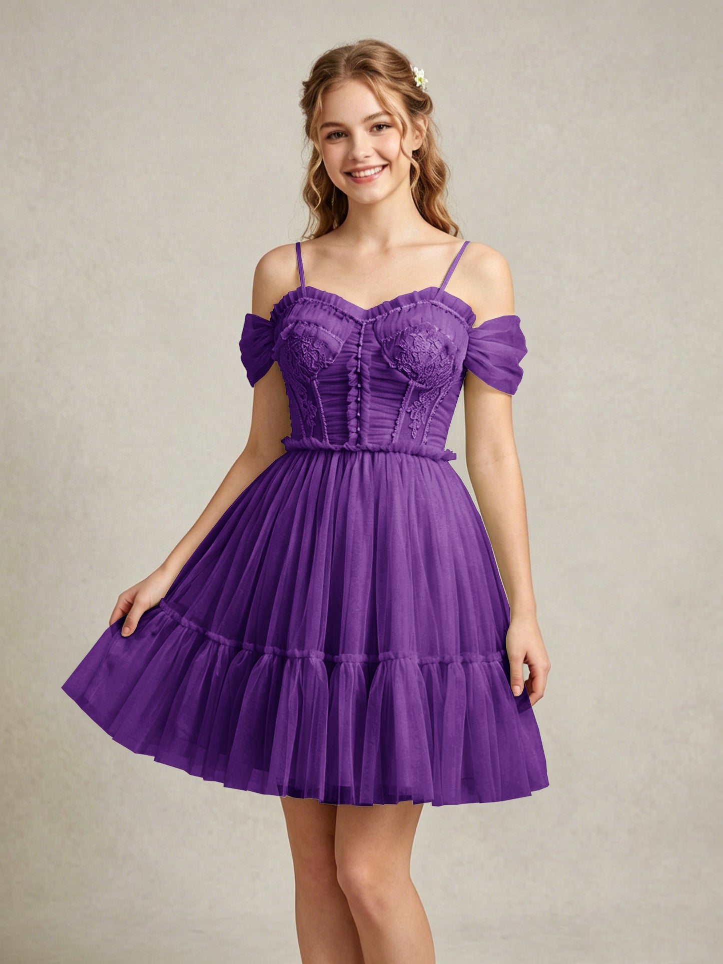 Cold Shoulder Lilac Tulle Dresses with Corset Bodice and Lace Appliques