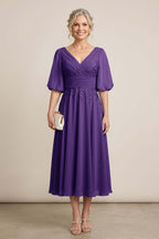 Dusty Blue V-Neck Lace Chiffon Tea-Length Mother Dresses